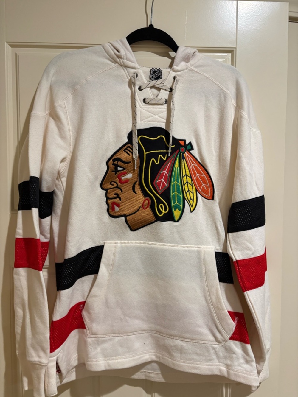 CCM White Chicago Blackhawks Pullover Hoodie with Red & Black Stripes